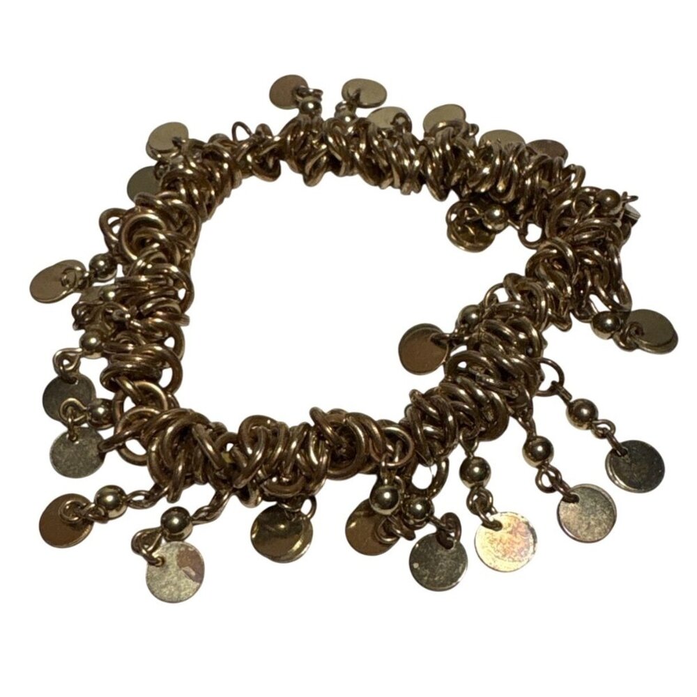 Gold-Tone Chain Link Bracelet With Dangling Discs Accent Stretch Braclet